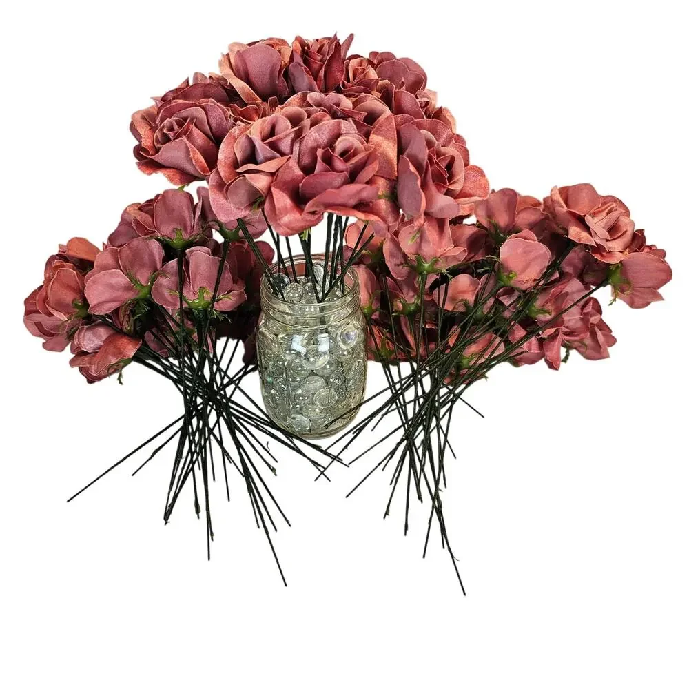 Mauve Pink Satin Open Rose Stems Artificial Flowers Wedding Craft 2.5